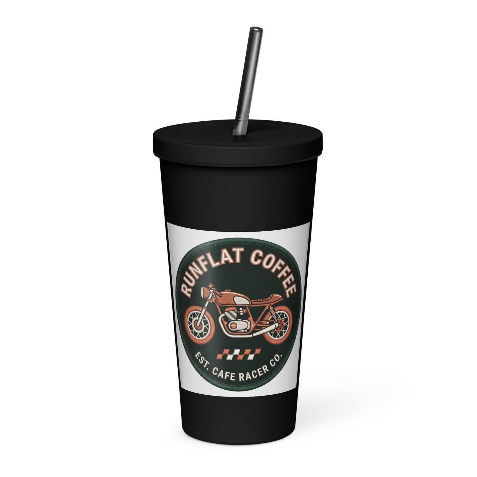 RunFlat Coffee Insulated Tumbler with Straw – Cafe Racer Crest - Image 2