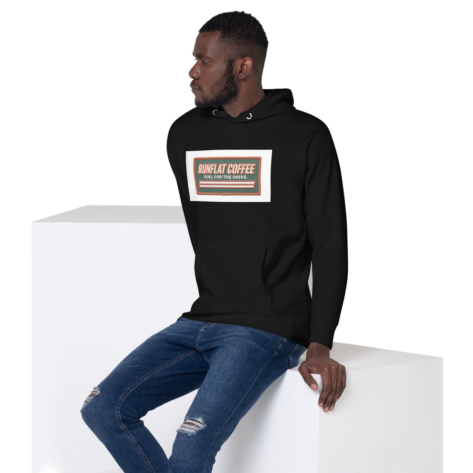 RunFlat Coffee Premium Pullover Hoodie – Cafe Racer Stripe - Image 3